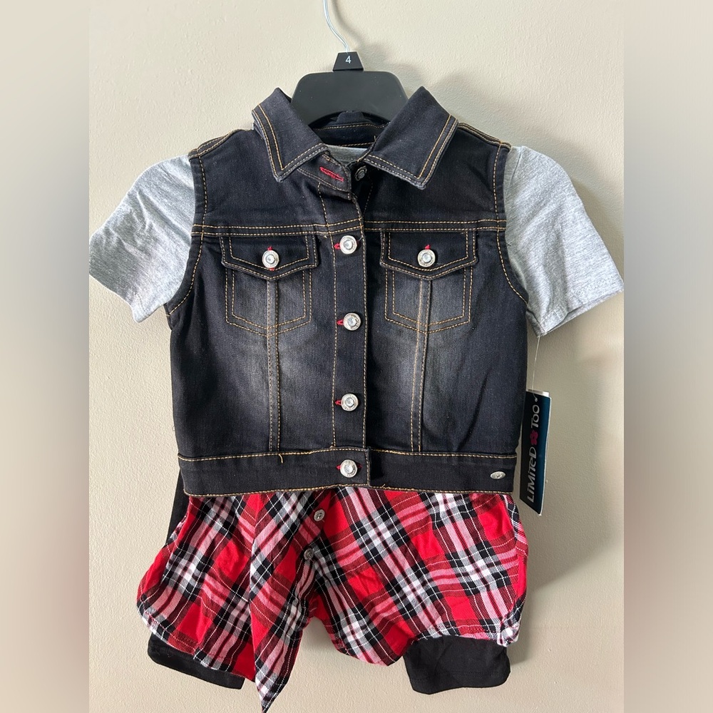 Limited Too Girls’ 3 Piece Outfit Vest Plaid Top Capri Legging | Size: 4